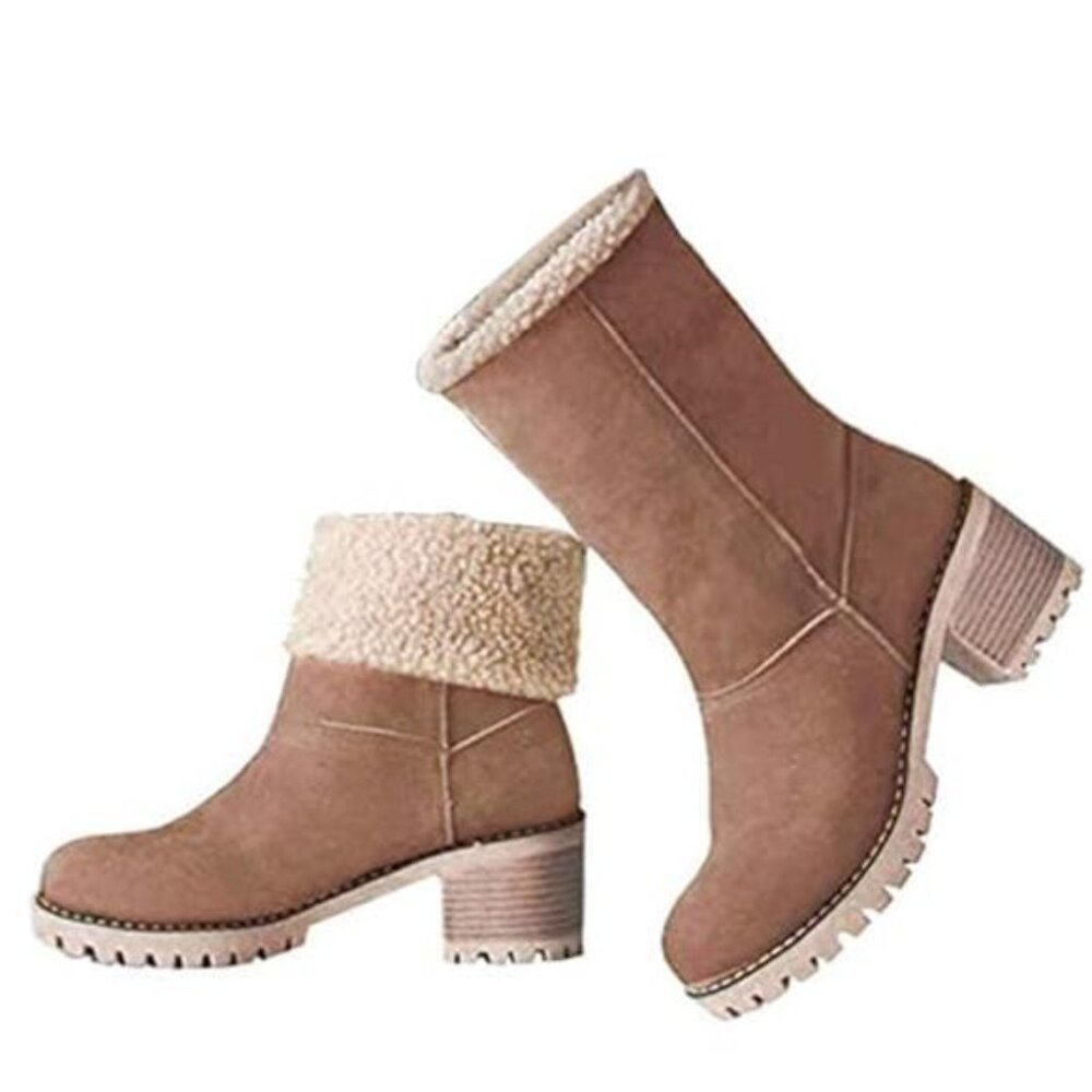 Women Winter Boots Slip On Chunky Heel Suede Warm Snow Ankle Outdoor Shoes